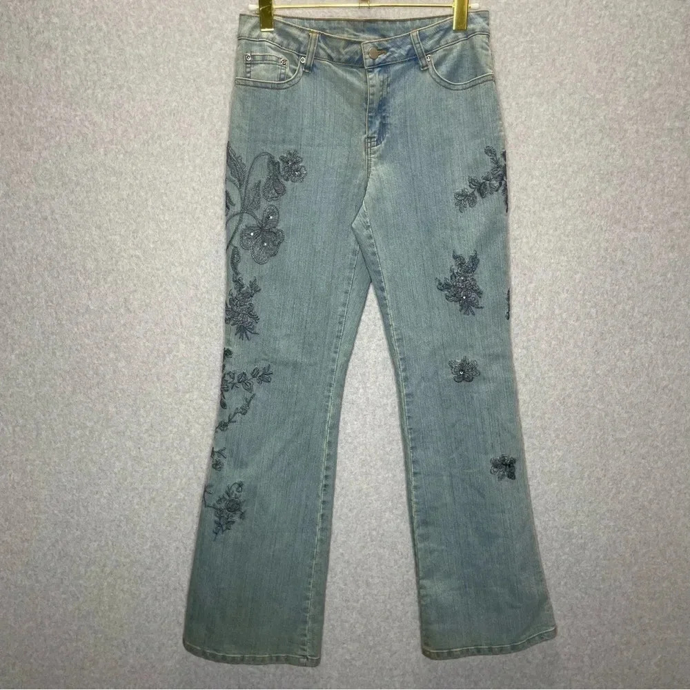 Boston Proper Embroidered Mid Rise Light Wash Boot Cut Jeans